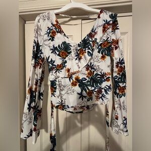 Gimmicks by BKE White Floral Blouse with Orange and Green Accents